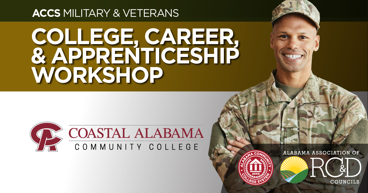 ACCS Military and Veterans College & Career Workshop Banner with coastal logo and soldier standing with arms crossed.